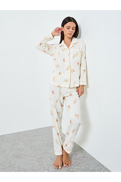 Styli Bear Print Textured Shirt and Pyjama Set