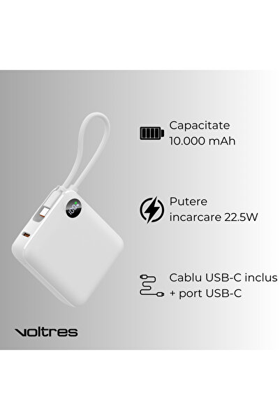 Voltres Baterie externa 10000mAh, 22.5W, Cablu USB-C 15cm inclus, Port USB-C, Port USB-A, Acumulator Extern