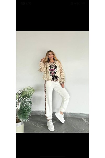 RED WOMAN FASHİON Stoned Gilded Mesh Top, 3-Strand Bottom Pants, Combed Cotto...