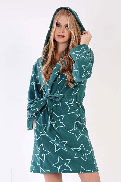 VİENETTA 703 Cheerful Patterns Hooded Short Fleece Dressing Gown