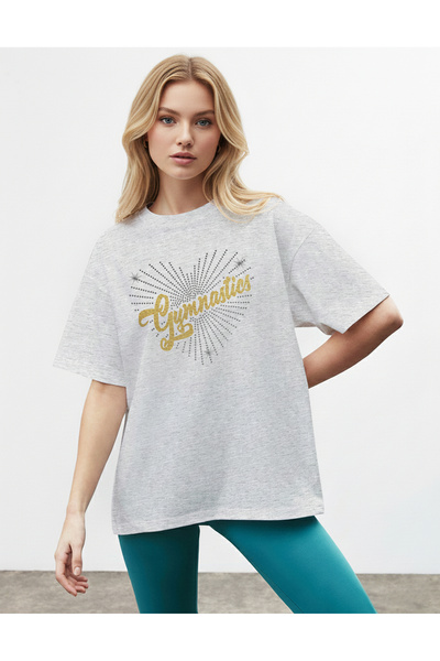 caddekombin Women's Sparkling Star Dot Detailed Crew Neck Gray T-Shirt