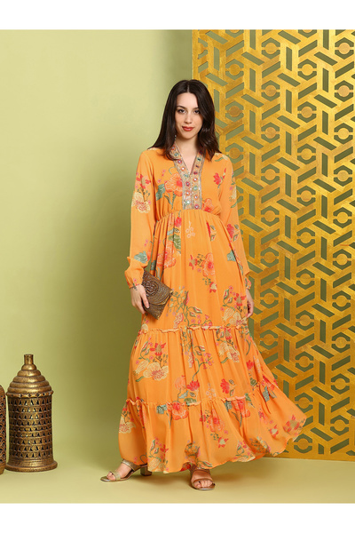 Globus By Styli Women Orange Embroidered Bishop Sleeves Maxi Dress