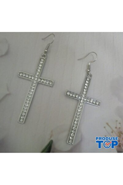 Produse.Top Elegant Small Silver Cross Earrings with Rhinestones CW46