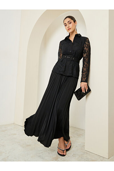 Styli Lace Belted Shirt and Pleated Skirt Co-Ords