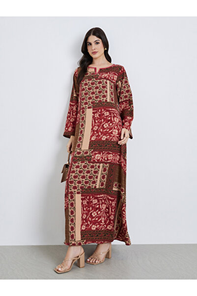 Styli Women Floral Print Notch Neck A-Line Jalabiya