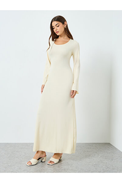 Styli Women Beige Round Neck Back Tie Detail Maxi Dress