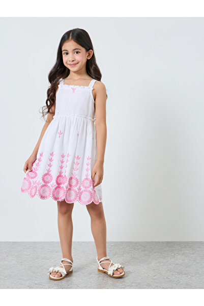 Styli Girls White Embroidered Hem Strappy A-Line Dress