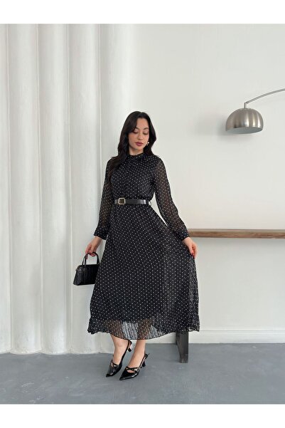 Nazline Women's Buttoned Belted Chiffon Dress