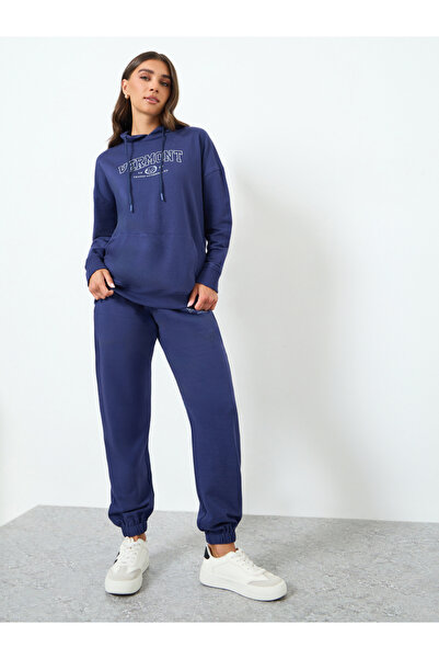 Styli Women Navy Blue Hoodie and Wide Leg Pants Co-Ords