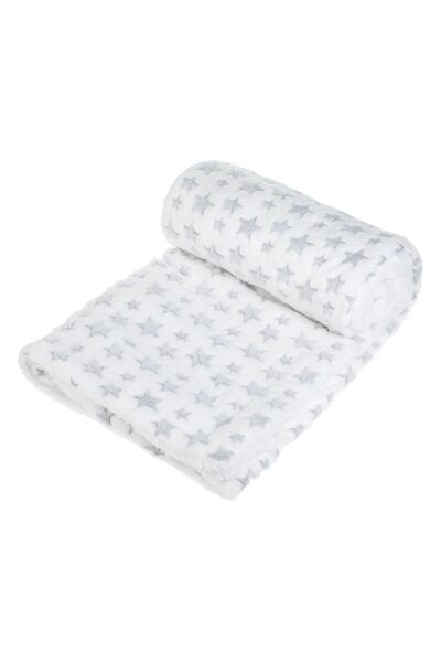 OEM White sherpa fur baby blanket with gray stars, ultra soft, size 140x110 cm