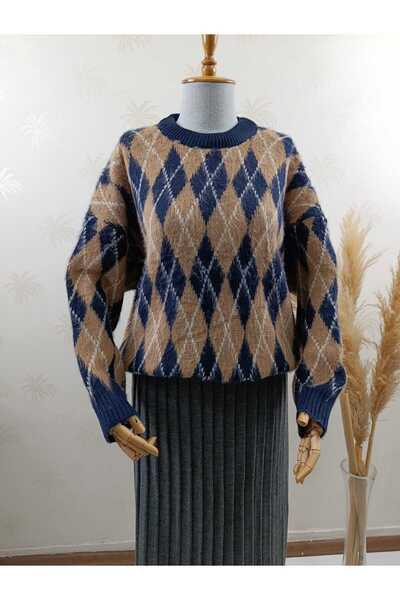 ASEZ BUTİK Women's Diamond Patterned Oversized Soft Textured Crew Neck Knitwe...