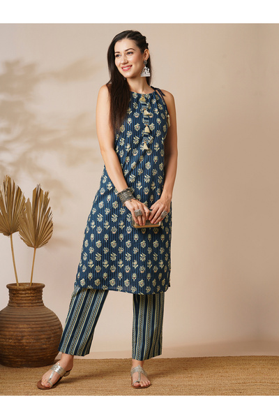 Globus By Styli Women Blue Tie-Up Strappy Kurta with Striped Pants Set