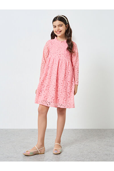 Styli Girls Pink Lace Long Sleeve Dress