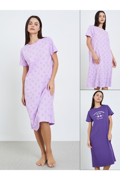 Styli Pack of 2 - Purple Cherry Print Short Sleeve Nightdress