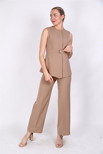 ÖNDER ÖZSOY Sıfır Yaka Gizli Düğmeli Kemerli Yelek & Lastikli Bol Paça Pantol...