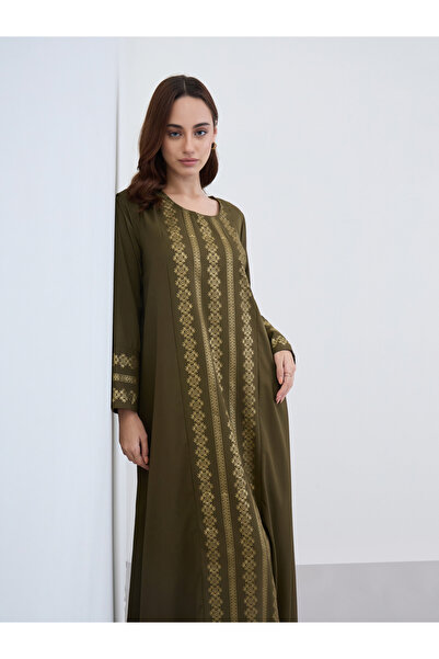 Styli Women Olive Gold Foil Print Jalabiya