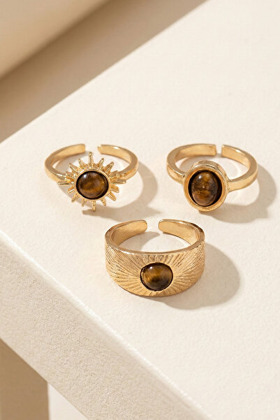 Happy Vibes خاتم نسائي من حجر عين النمر البوهيمي بتفاصيل شمسية ذهبية من 3 قطع