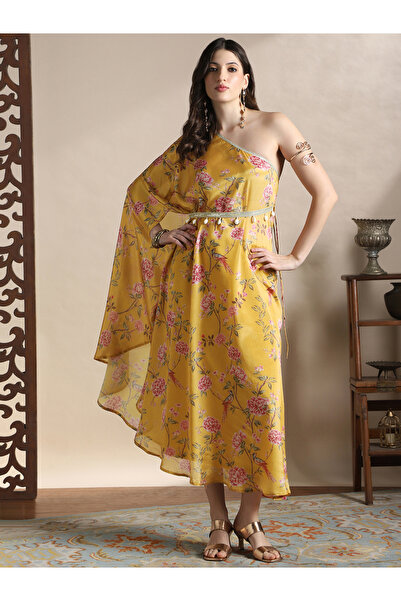 Globus By Styli Women Yellow Floral Print One Shoulder Midi Dress