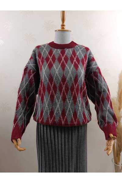 ASEZ BUTİK Women's Diamond Patterned Oversized Soft Textured Crew Neck Knitwe...