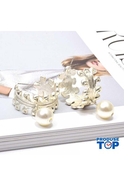 Produse.Top Elegant Silver Half-Circle Earrings with Pearl CW30