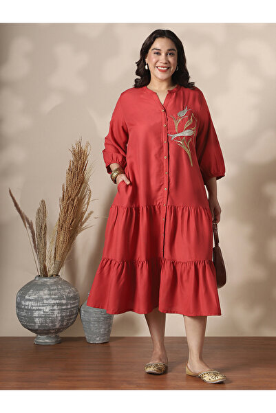 Globus By Styli Plus Size Women Red Mandarin Collar Midi Dress