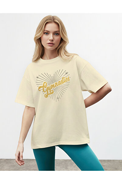 caddekombin Women's Sparkling Star Dot Detailed Crew Neck Beige T-Shirt