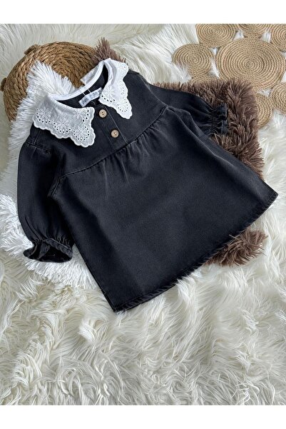 Karaniko Kids Girl's Black Denim Dress with Scallop Collar