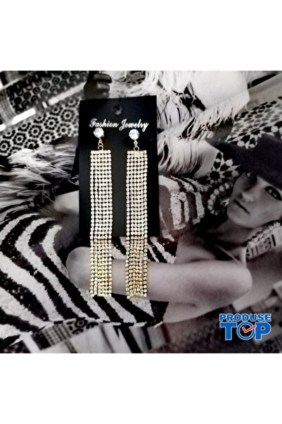 Produse.Top Elegant Long Golden Earrings with Fringes and Rhinestones CW65