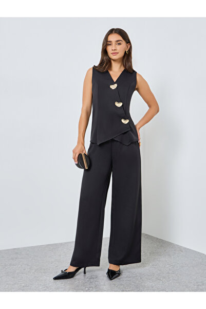 Styli Women Sleeveless Asymmetric Jumpsuit with Fancy Buttons