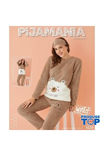 Brown Cocolino Pajamas for Women with Bear Print and Sleep Mask