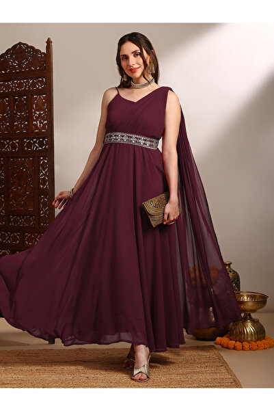 Globus By Styli Women Maroon Strappy Embroidered Maxi Dress