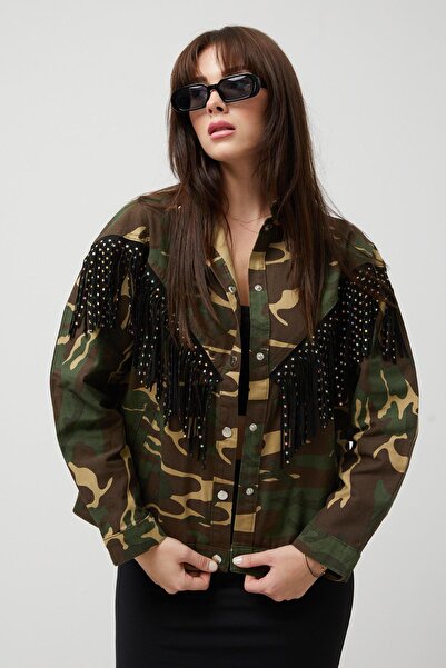 Butik Ayseba Women's Gabardine Star Tassel Camouflage Pattern Jacket