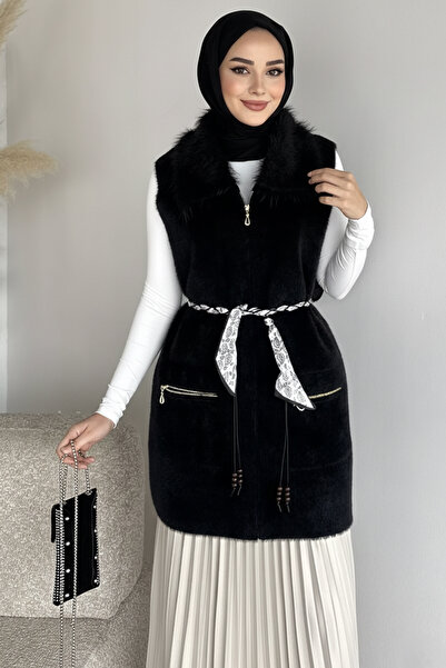 azragül giyim Plush Detailed Hijab Knitwear Vest with Belt Accessory