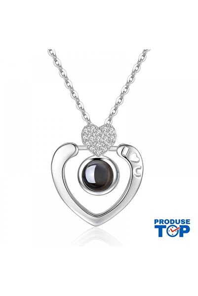 Produse.Top Colier de damă din argint cu inimă și pietre și proiecție Te iube...