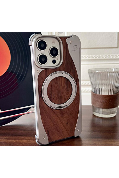 NJOYNY جراب هاتف MagSafe بدون إطار من خشب الجوز، يدور 360 درجة، مناسب لأجهزة ...