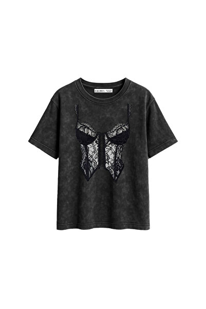 CİNEMA MODA High Printed Relaxed Fit Washable Black Women's T-Shirt