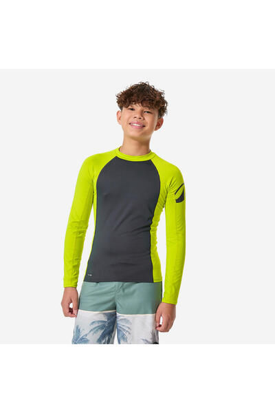 Decathlon Çocuk Slim Fit Uzun Kollu UV Korumalı Tişört - Yeşil/Gri - 500