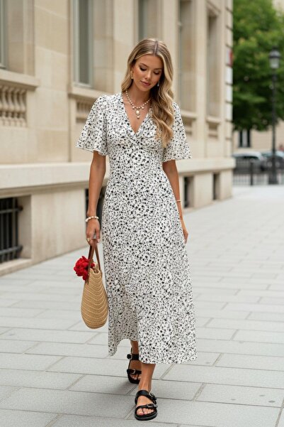 Mossta V-Neck Floral Patterned Midi Length Single Jersey Dress - White