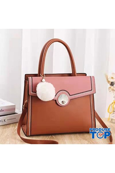 Produse.Top Elegant Brown Eco Leather Bag with Puff Keychain and Magnetic Clo...