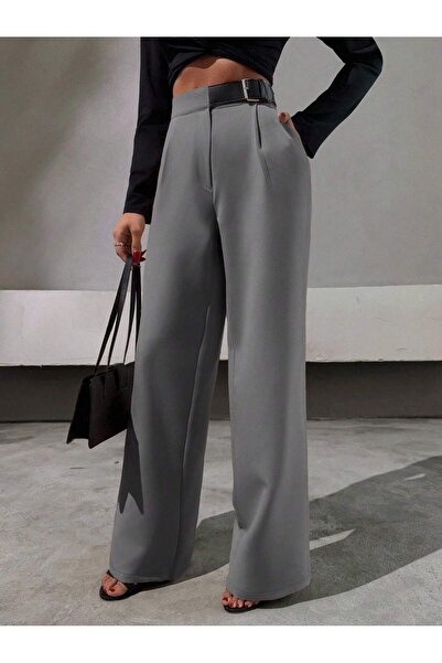 DUUE FASHİON Γυναικείο υφασμάτινο παντελόνι παλάτσο με μισή ζώνη και φαρδιά μ...