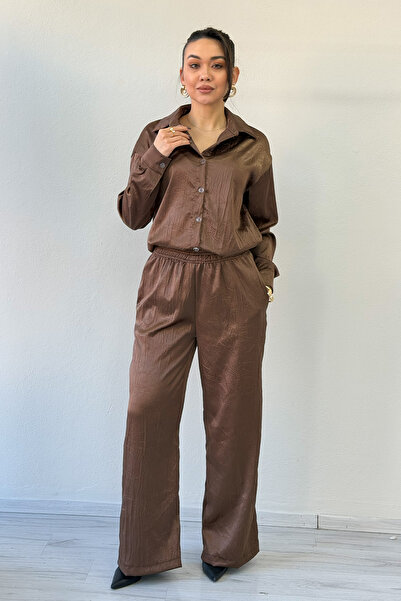 zks grup tekstil Women's Satin Patterned Oversized Shirt Trousers Double Set ...