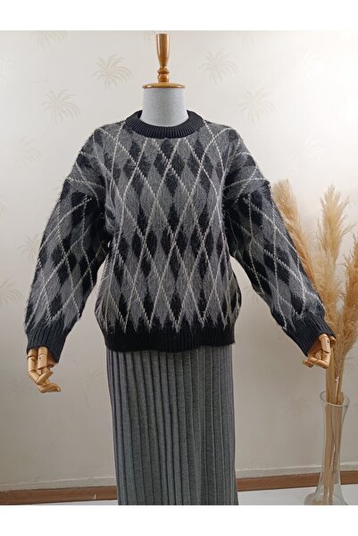 ZARİNCE LİFE Women's Soft Textured Fleece-Lined Diamond Pattern Sweater