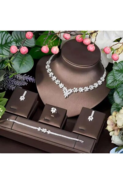 VİYA Elio Zirkon Taşlı Takı Seti Kolye Küpe Bileklik Yüzük Set Düğün Nişan Seti