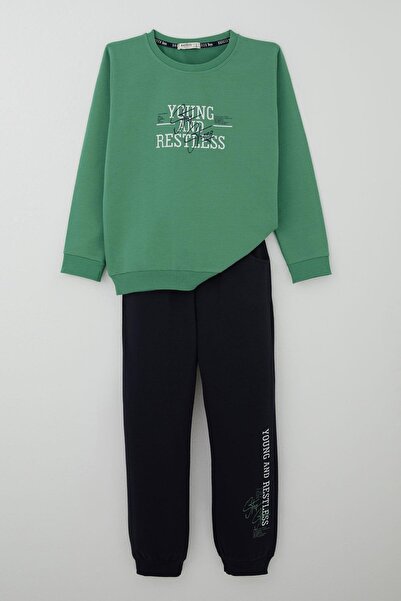 Breeze Boy's Tracksuit Set with Lettering Printed Ages 4-8, Mint Green