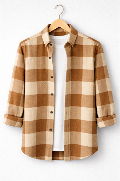 mavisima erkek giyimi Erkek Kahverengi Bej Kareli Ekose Oduncu Gömlek – Rahat...