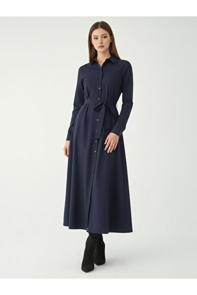 HOUSE OF RAELI By Styli Women Navy Blue Cotton Collared Shirt Maxi Dress