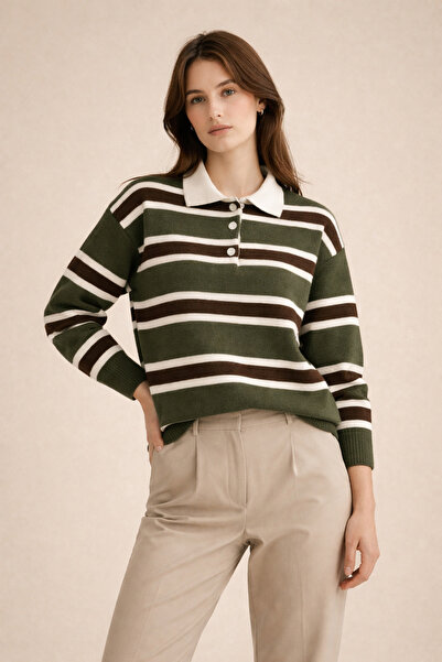 Kirazgym Polo Collar Striped Knitwear Sweater-Khaki