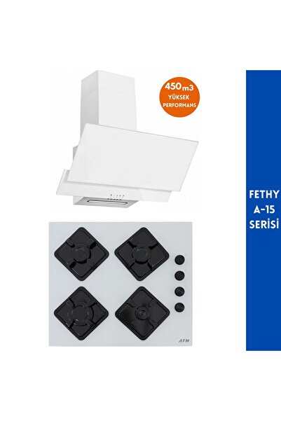 AFM tech FETHY- A-15 2'li Beyaz Cam Ocak + Davlumbazlı Ankastre Set (FM3301 +...