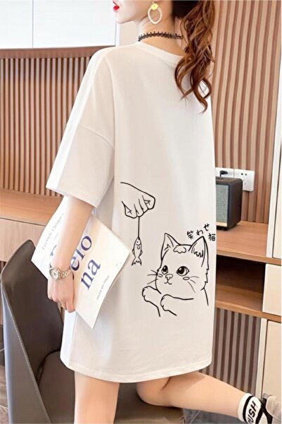 Oksit Fish and Cat Women's Oversized Basic Crew Neck Cotton T-Shirt Relaxed F...