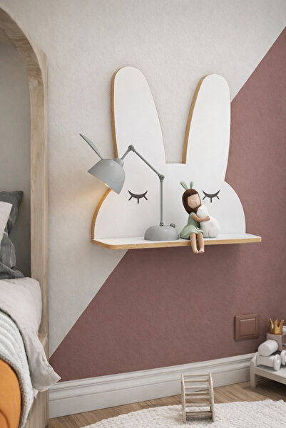 Buggi Kids Çocuk Odası Tavşan Raf Komodin Beyaz & Ham MDF Kenarlı Dekoratif D...